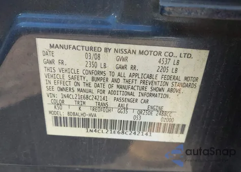 2008 Nissan Altima Hybrid from USA, damaged, VIN 1N4CL21E68C242141